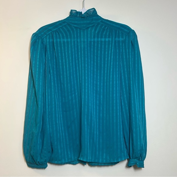 BUMBLE BEE | Teal Vintage Button Up Long Sleeve Blouse With Ruffle Neck Collar - Picture 7 of 9